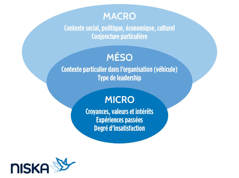 Les trois niveaux de facteurs d'influence sur la mobilisation : macro (social), méso (organisationnel) et micro (individuel)